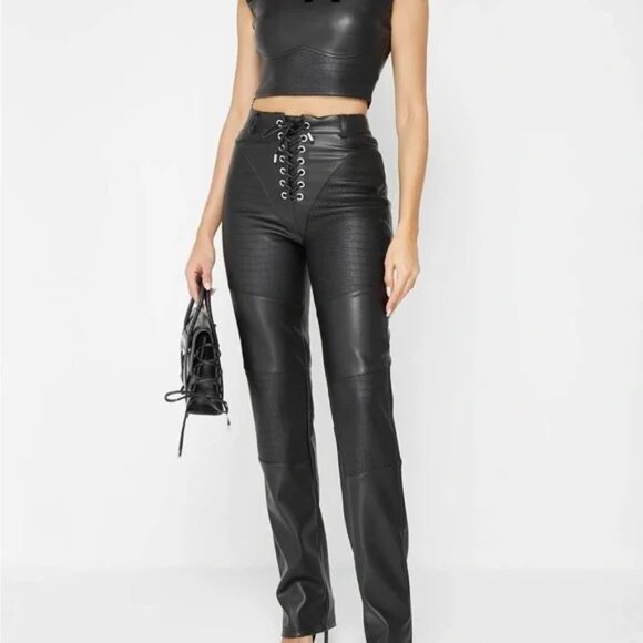 Maniere De Voir Pants - Maniere De Voir Womens Vegan Leather Croc Embossed Lace Up Pants Size 12 NWT